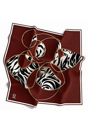 Soft Çember ve Zebra Desenli Bordo Renkli 90x90 Eşarp (İpek İçermez) Kenar Dikiş Şekli El Dikişli