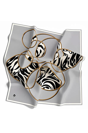Soft Çember ve Zebra Desenli Gümüş Renkli 90x90 Eşarp (İpek İçermez) Kenar Dikiş Şekli El Dikişli