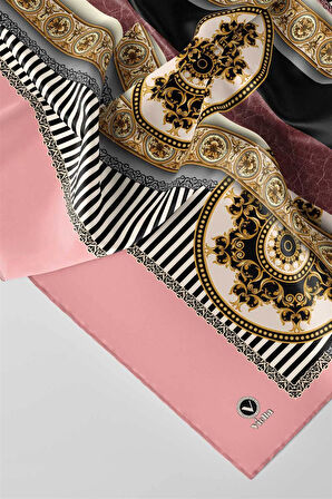 Twill Çizgili ve Barok Desenli Pudra Renkli 90x90 Eşarp (İpek İçermez) Kenar Dikiş Şekli El Dikişli