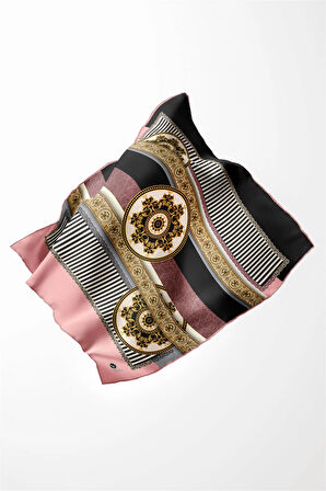 Twill Çizgili ve Barok Desenli Pudra Renkli 90x90 Eşarp (İpek İçermez) Kenar Dikiş Şekli El Dikişli