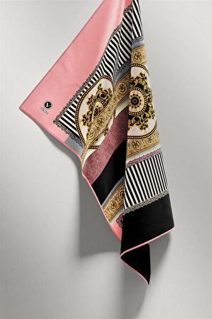 Twill Çizgili ve Barok Desenli Pudra Renkli 90x90 Eşarp (İpek İçermez) Kenar Dikiş Şekli El Dikişli