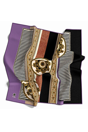 Twill Çizgili ve Barok Desenli Mor Renkli 90x90 Eşarp (İpek İçermez) Kenar Dikiş Şekli El Dikişli