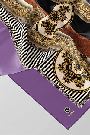 Twill Çizgili ve Barok Desenli Mor Renkli 90x90 Eşarp (İpek İçermez) Kenar Dikiş Şekli El Dikişli