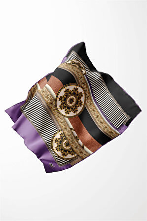 Twill Çizgili ve Barok Desenli Mor Renkli 90x90 Eşarp (İpek İçermez) Kenar Dikiş Şekli El Dikişli