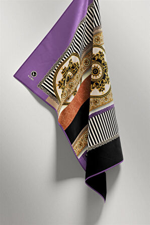 Twill Çizgili ve Barok Desenli Mor Renkli 90x90 Eşarp (İpek İçermez) Kenar Dikiş Şekli El Dikişli