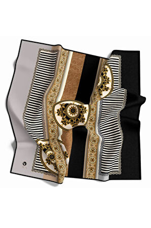 Twill Çizgili ve Barok Desenli Gümüş Renkli 90x90 Eşarp (İpek İçermez) Kenar Dikiş Şekli El Dikişli