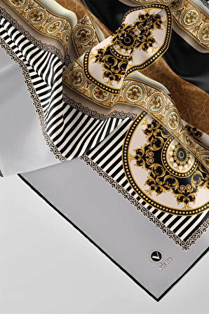 Twill Çizgili ve Barok Desenli Gümüş Renkli 90x90 Eşarp (İpek İçermez) Kenar Dikiş Şekli El Dikişli