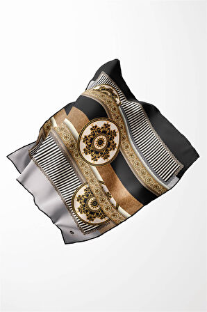 Twill Çizgili ve Barok Desenli Gümüş Renkli 90x90 Eşarp (İpek İçermez) Kenar Dikiş Şekli El Dikişli