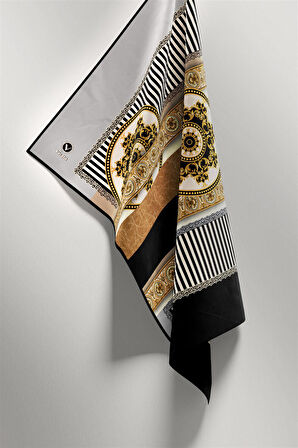 Twill Çizgili ve Barok Desenli Gümüş Renkli 90x90 Eşarp (İpek İçermez) Kenar Dikiş Şekli El Dikişli