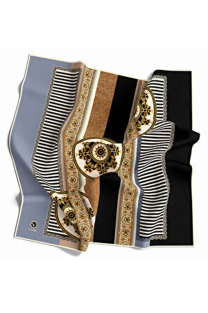 Twill Çizgili ve Barok Desenli Bebe Mavisi Renkli 90x90 Eşarp (İpek İçermez) Kenar Dikiş Şekli El Dikişli