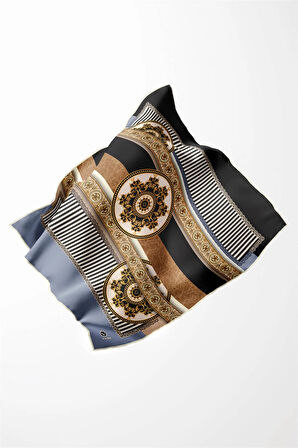 Twill Çizgili ve Barok Desenli Bebe Mavisi Renkli 90x90 Eşarp (İpek İçermez) Kenar Dikiş Şekli El Dikişli