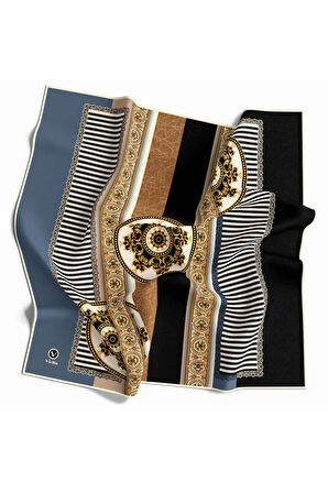 Twill Çizgili ve Barok Desenli İndigo Renkli 90x90 Eşarp (İpek İçermez) Kenar Dikiş Şekli El Dikişli