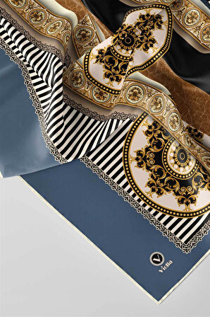 Twill Çizgili ve Barok Desenli İndigo Renkli 90x90 Eşarp (İpek İçermez) Kenar Dikiş Şekli El Dikişli