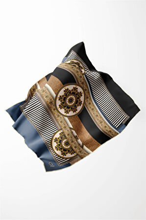 Twill Çizgili ve Barok Desenli İndigo Renkli 90x90 Eşarp (İpek İçermez) Kenar Dikiş Şekli El Dikişli