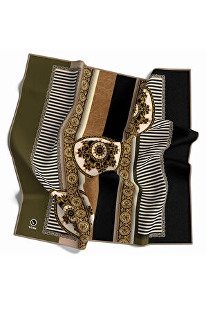 Twill Çizgili ve Barok Desenli Haki Renkli 90x90 Eşarp (İpek İçermez) Kenar Dikiş Şekli El Dikişli