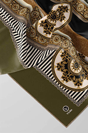 Twill Çizgili ve Barok Desenli Haki Renkli 90x90 Eşarp (İpek İçermez) Kenar Dikiş Şekli El Dikişli