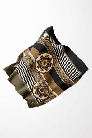 Twill Çizgili ve Barok Desenli Haki Renkli 90x90 Eşarp (İpek İçermez) Kenar Dikiş Şekli El Dikişli