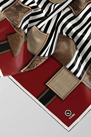 Twill Geometrik Ve Çizgili Desenli Bordo Renkli 90x90 Eşarp (İpek İçermez) Dikim Şekli : El Dikişi