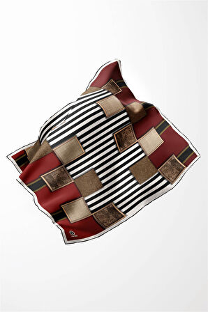 Twill Geometrik Ve Çizgili Desenli Bordo Renkli 90x90 Eşarp (İpek İçermez) Dikim Şekli : El Dikişi