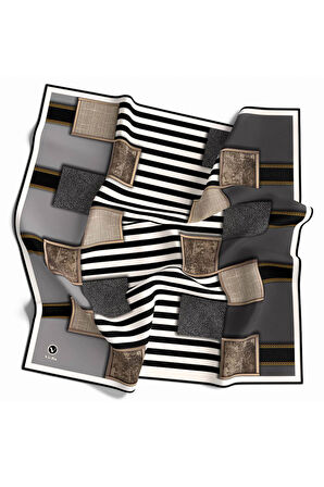 Twill Geometrik Ve Çizgili Desenli Gri Renkli 90x90 Eşarp (İpek İçermez) Dikim Şekli : El Dikişi