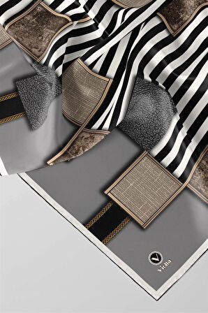 Twill Geometrik Ve Çizgili Desenli Gri Renkli 90x90 Eşarp (İpek İçermez) Dikim Şekli : El Dikişi