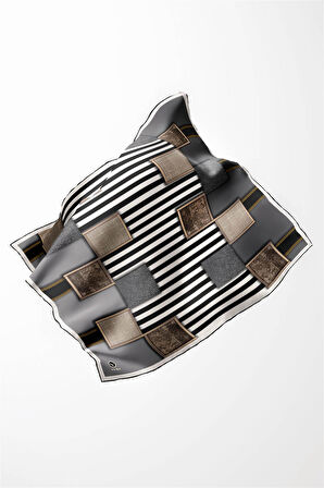 Twill Geometrik Ve Çizgili Desenli Gri Renkli 90x90 Eşarp (İpek İçermez) Dikim Şekli : El Dikişi