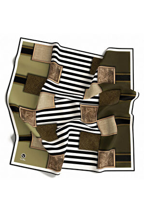 Twill Geometrik Ve Çizgili Desenli Haki Renkli 90x90 Eşarp (İpek İçermez) Dikim Şekli : El Dikişi