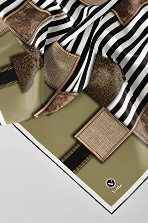 Twill Geometrik Ve Çizgili Desenli Haki Renkli 90x90 Eşarp (İpek İçermez) Dikim Şekli : El Dikişi