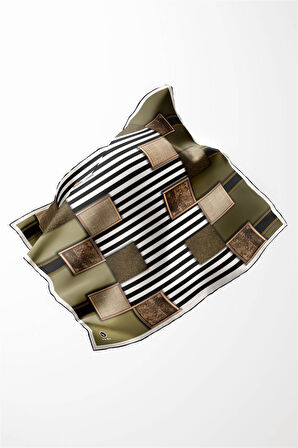 Twill Geometrik Ve Çizgili Desenli Haki Renkli 90x90 Eşarp (İpek İçermez) Dikim Şekli : El Dikişi