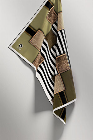 Twill Geometrik Ve Çizgili Desenli Haki Renkli 90x90 Eşarp (İpek İçermez) Dikim Şekli : El Dikişi