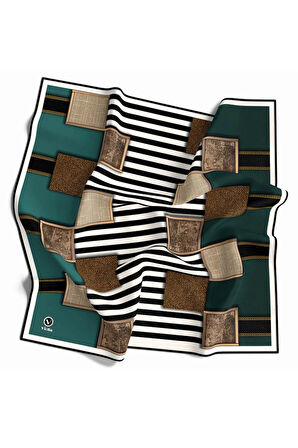 Twill Geometrik Ve Çizgili Desenli Petrol Yeşili Renkli 90x90 Eşarp (İpek İçermez) Dikim Şekli : El Dikişi