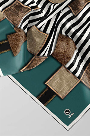 Twill Geometrik Ve Çizgili Desenli Petrol Yeşili Renkli 90x90 Eşarp (İpek İçermez) Dikim Şekli : El Dikişi