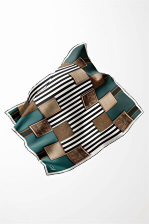 Twill Geometrik Ve Çizgili Desenli Petrol Yeşili Renkli 90x90 Eşarp (İpek İçermez) Dikim Şekli : El Dikişi