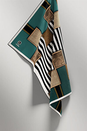 Twill Geometrik Ve Çizgili Desenli Petrol Yeşili Renkli 90x90 Eşarp (İpek İçermez) Dikim Şekli : El Dikişi