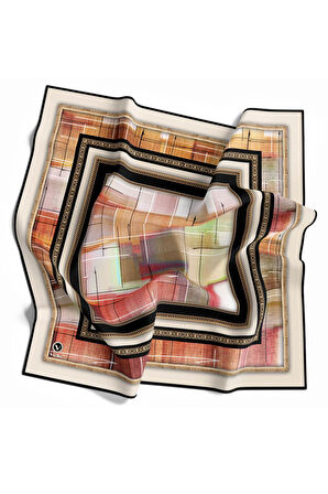 Twill Gold Çerçeveli ve Fırça Desenli Pudra Renkli 90x90 Eşarp (İpek İçermez) Dikim Şekli : El Dikişi