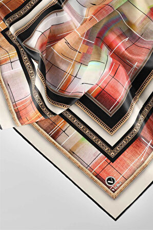 Twill Gold Çerçeveli ve Fırça Desenli Pudra Renkli 90x90 Eşarp (İpek İçermez) Dikim Şekli : El Dikişi
