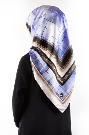 Twill Gold Çerçeveli ve Fırça Desenli İndigo Renkli 90x90 Eşarp (İpek İçermez) Dikim Şekli : El Dikişi