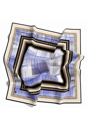 Twill Gold Çerçeveli ve Fırça Desenli İndigo Renkli 90x90 Eşarp (İpek İçermez) Dikim Şekli : El Dikişi