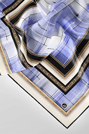 Twill Gold Çerçeveli ve Fırça Desenli İndigo Renkli 90x90 Eşarp (İpek İçermez) Dikim Şekli : El Dikişi