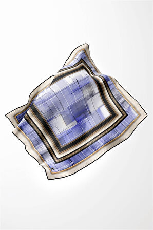 Twill Gold Çerçeveli ve Fırça Desenli İndigo Renkli 90x90 Eşarp (İpek İçermez) Dikim Şekli : El Dikişi