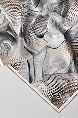 Twill Geometrik Ve Dalga Desenli Bej Renkli 90x90 Eşarp (İpek İçermez) Dikim Şekli : El Dikişi