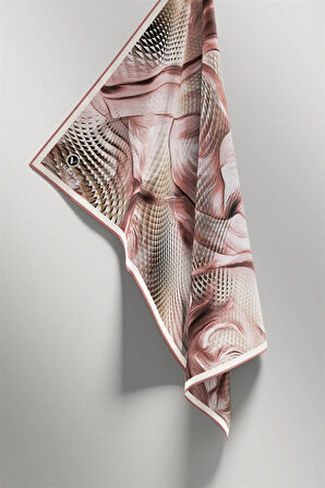 Twill Geometrik Ve Dalga Desenli Pudra Renkli 90x90 Eşarp (İpek İçermez) Dikim Şekli : El Dikişi