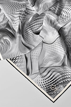 Twill Geometrik Ve Dalga Desenli Gri Renkli 90x90 Eşarp (İpek İçermez) Dikim Şekli : El Dikişi