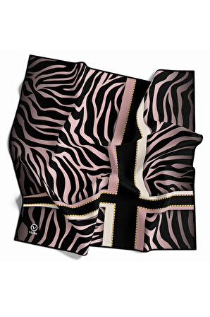 Twill Zebra Desenli Siyah - Pudra Renkli 90x90 Eşarp (İpek İçermez) Dikim Şekli : El Dikişi