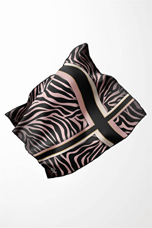 Twill Zebra Desenli Siyah - Pudra Renkli 90x90 Eşarp (İpek İçermez) Dikim Şekli : El Dikişi