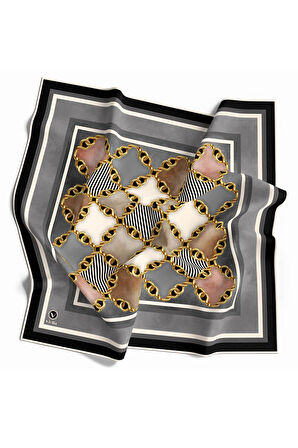 Twill Zincirli Geometrik Desenli Gümüş Renkli 90x90 Eşarp (İpek İçermez) Dikim Şekli : El Dikişi