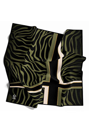 Twill Zebra Desenli Siyah - Haki Renkli 90x90 Eşarp (İpek İçermez) Dikim Şekli : El Dikişi