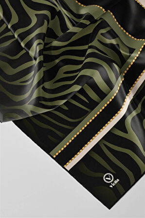 Twill Zebra Desenli Siyah - Haki Renkli 90x90 Eşarp (İpek İçermez) Dikim Şekli : El Dikişi