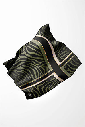 Twill Zebra Desenli Siyah - Haki Renkli 90x90 Eşarp (İpek İçermez) Dikim Şekli : El Dikişi