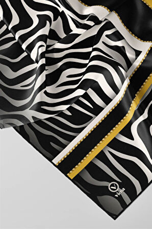 Twill Zebra Desenli Siyah - Sarı Renkli 90x90 Eşarp (İpek İçermez) Dikim Şekli : El Dikişi
